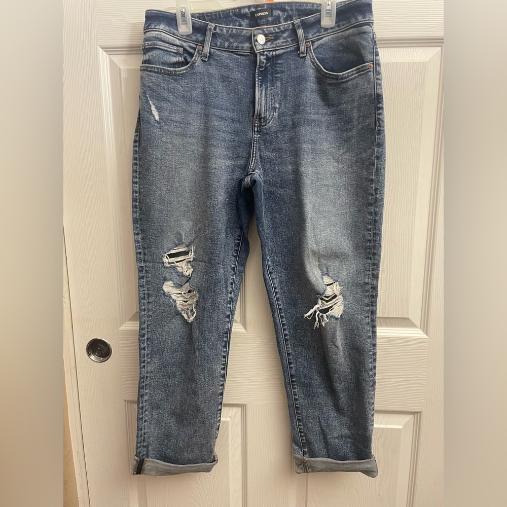 Express Stretchy Distressed Denim Boyfriend Jeans Size 10 Long